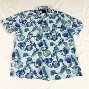 Tommy Bahama Mens Blue Shells Overprint Short Sleeve Button Up Silk Shirt L